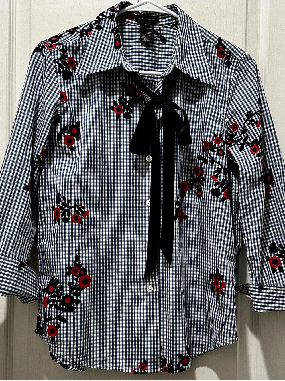 Marc Jacobs Floral Flocked Gingham Bow Tie Blouse Top 6 - Picture 2 of 5